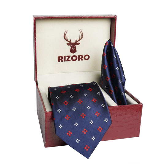 RIZORO Mens Plaid Dotted Silk Necktie Tie Gift Set With Pocket Square & Brooch Pin Formal Tie Set (4D3RS, Free Size)