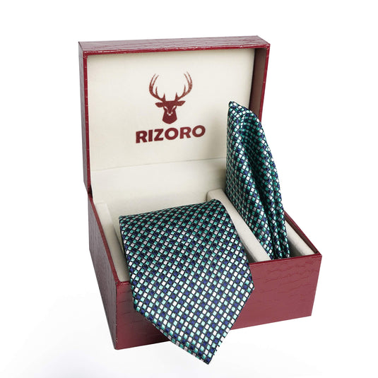 RIZORO Mens Plaid Dotted Silk Necktie Tie Gift Set With Pocket Square & Brooch Pin Formal Tie Set (A14RS, Free Size)