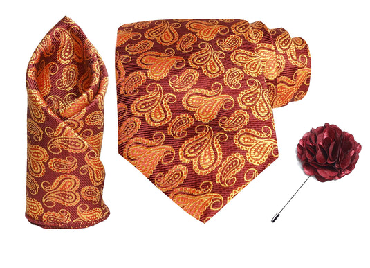 RIZORO Mens Plaid Pasiley Silk Necktie Tie Gift Set With Pocket Square & Brooch Pin Formal Tie Set (AMBI1RS, Free Size)