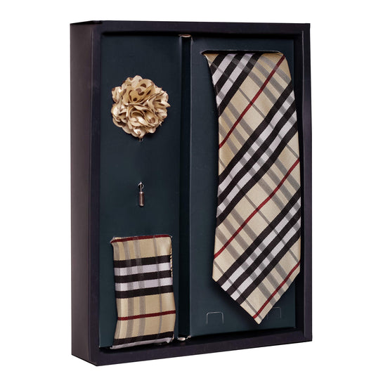 Axlon Men's Polyester Necktie Set with Pocket Square, Brooch Pin and Cufflinks (Free Size, Cream)