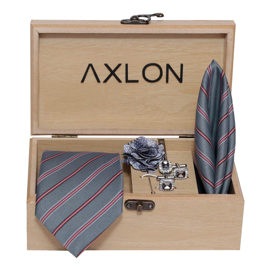 Axlon Men's Micro Polyester Necktie Set with Pocket Square, Brooch Pin and Cufflinks (Grey, Free Size)