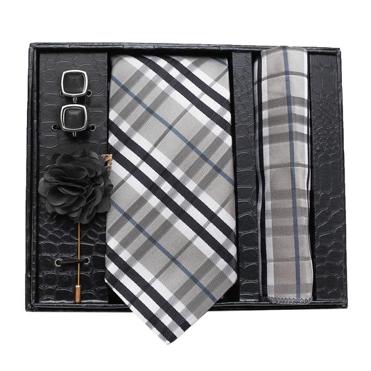 Axlon Men Formal/Casual Jacquard Check Neck Tie Pocket Square Gift Set with Cufflinks and Brooch Pin - Check Grey Gift Box (Free Size)