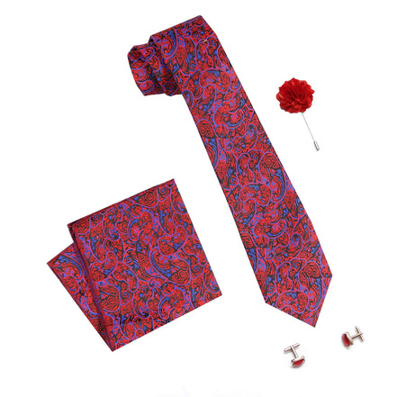 AXLON Men's Micro Polyester Casual Formal Printed Design Necktie Set with Pocket Square, Brooch Pin and Cufflinks (Red & Blue, Free Size)
