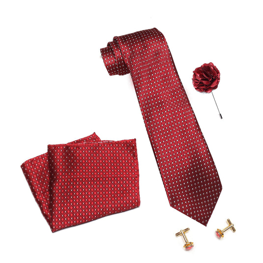 Axlon Men's Micro Polyester Dotted Necktie Set with Pocket Square, Brooch Pin and Cufflinks (Red, Free Size)