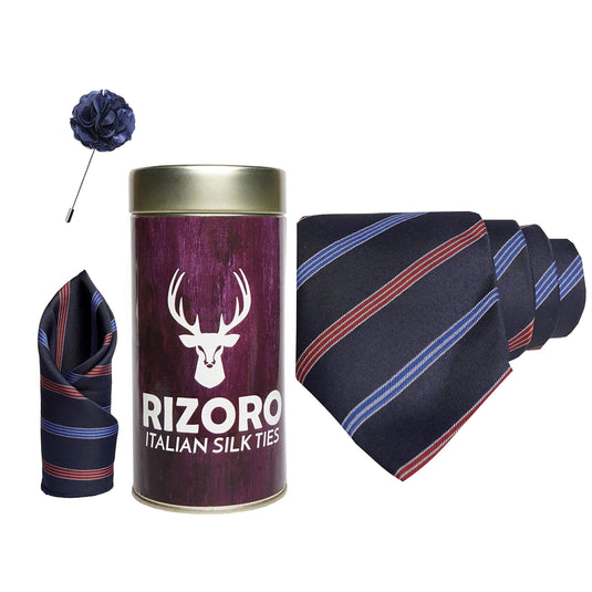 RIZORO Mens Plaid Stripped Silk Necktie Gift Set With Pocket Square & Brooch Pin Formal Tie Combo (S5RT, Free Size)