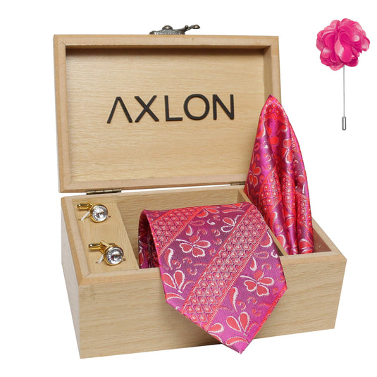 Axlon Men's Micro Polyester Floral Designed Necktie Set with Pocket Square, Brooch Pin and Cufflinks (Multicolour, Free Size)