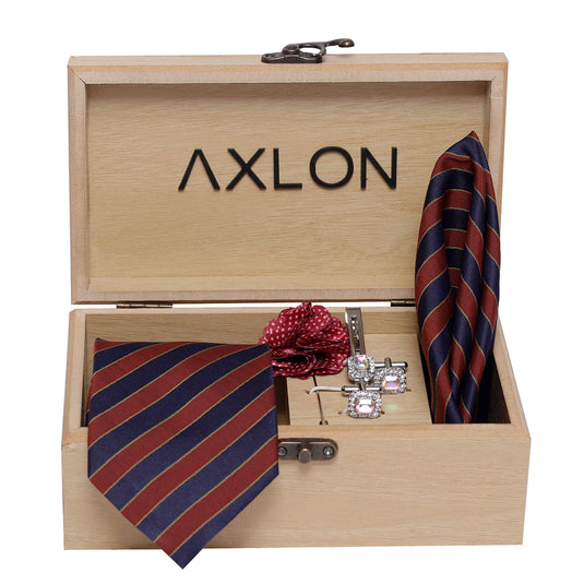 Axlon Men's Micro Polyester Necktie Set with Pocket Square, Brooch Pin and Cufflinks (Multicolour, Free Size)