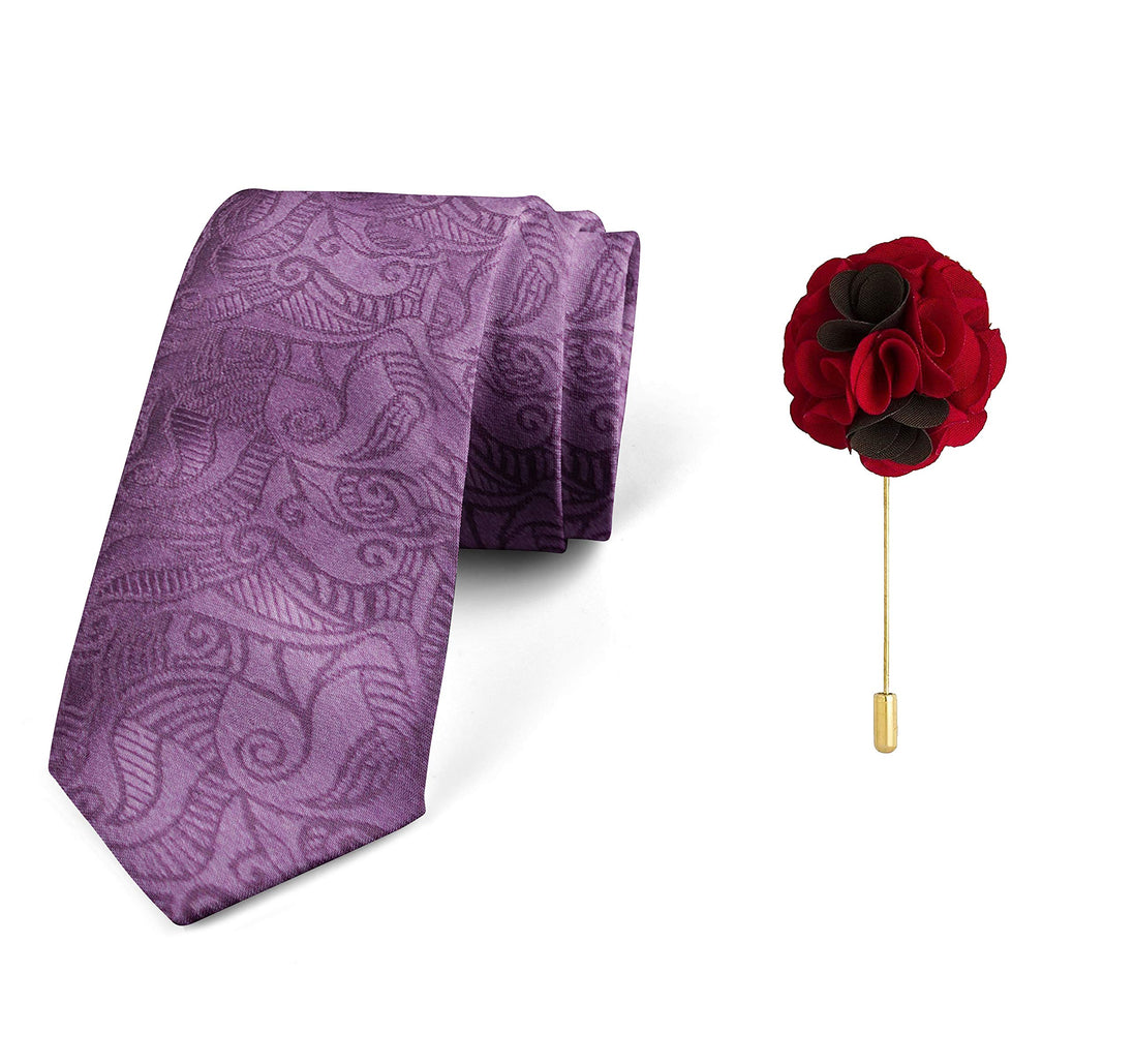 AXLON Men's Micro Polyester Paisley Necktie Set with Pocket Square and Brooch Pin (Purple, Free Size)