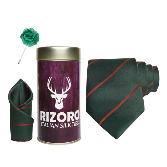 RIZORO Mens Plaid Stripped Silk Necktie Gift Set With Pocket Square & Brooch Pin Formal Tie Combo (S2RT, Free Size)