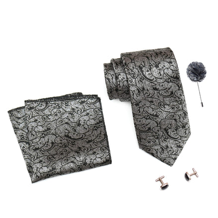 RIZORO Mens Plaid Pasiley Silk Necktie Tie Gift Set With Pocket Square, Cufflinks & Brooch Pin Formal Tie With Leatherite Box (PARRB, Free Size)