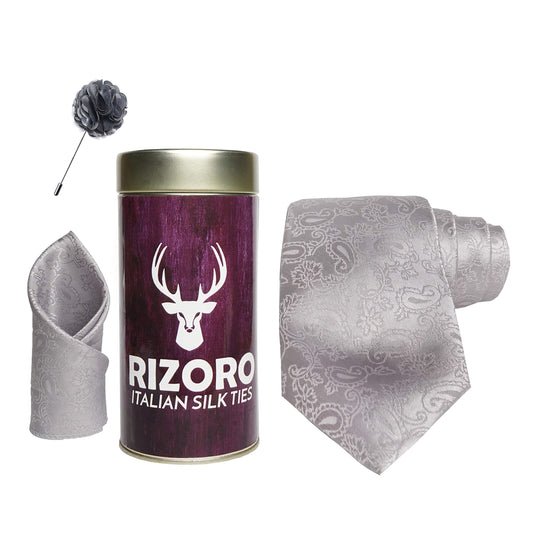 RIZORO Mens Plaid Pasiley Silk Necktie Gift Set With Pocket Square & Brooch Pin Formal Tie Combo (JCRT, Free Size)