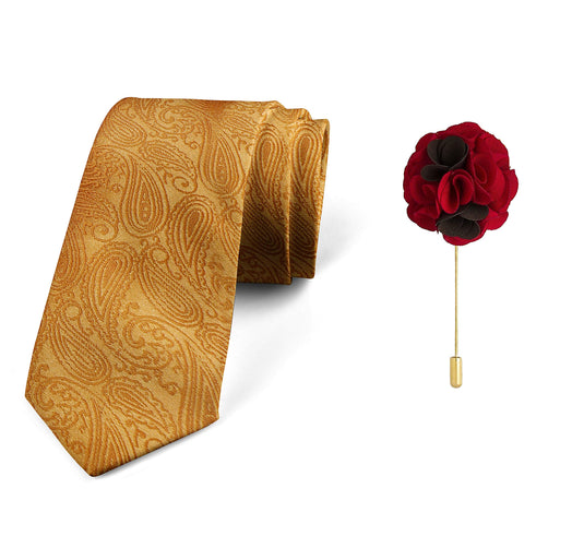 AXLONMen's Micro Polyester Paisley Necktie Set with Pocket Square and Brooch Pin (Mustard, Free Size)