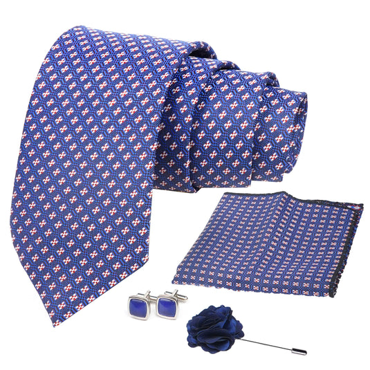 AXLON Mens Plaid Micro Self Silk Necktie Gift Set With Pocket Square Cufflinks & Brooch Pin Formal Tie With Box (SLKP_8, Blue)