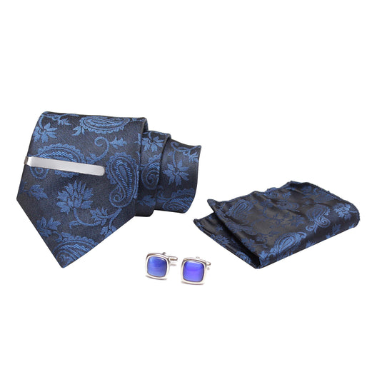 AXLON Men's Polyester Necktie Set with Pocket Square, Brooch Pin and Cufflinks (Free Size, Blue)