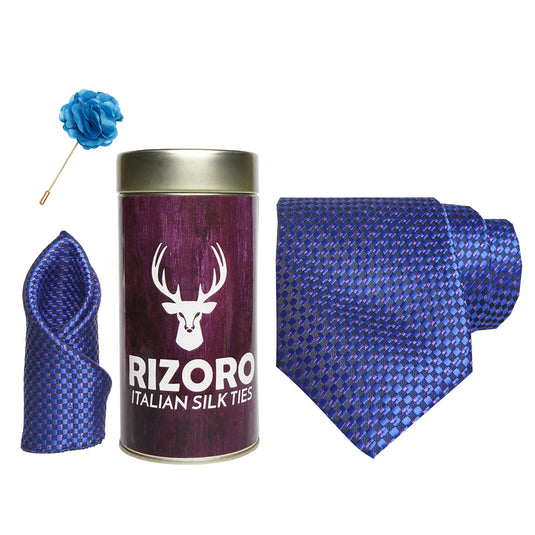 RIZORO Mens Plaid Dotted Silk Necktie Gift Set With Pocket Square & Brooch Pin Formal Tie Combo (A14RT, Free Size)