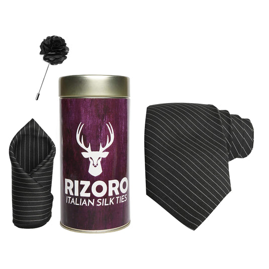 RIZORO Mens Plaid Stripped Silk Necktie Gift Set With Pocket Square & Brooch Pin Formal Tie Combo (S1RT, Free Size)