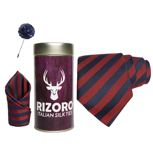 RIZORO Mens Plaid Stripped Silk Necktie Gift Set With Pocket Square & Brooch Pin Formal Tie Combo (S3RT, Free Size)