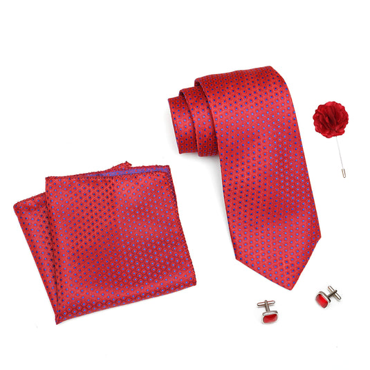 RIZORO Mens Plaid Dotted Silk Necktie Tie Gift Set With Pocket Square, Cufflinks & Brooch Pin Formal Tie With Leatherite Box (A12RB, Free Size)