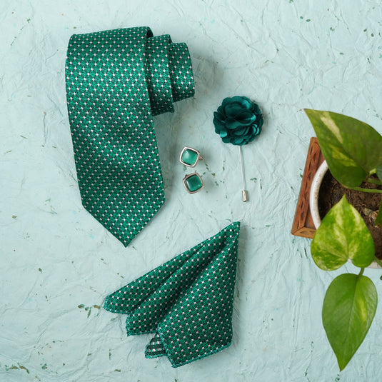 AXLON Mens Plaid Micro Self Silk Necktie Gift Set With Pocket Square Cufflinks & Brooch Pin Formal Tie With Box (SLKP_12, Green)