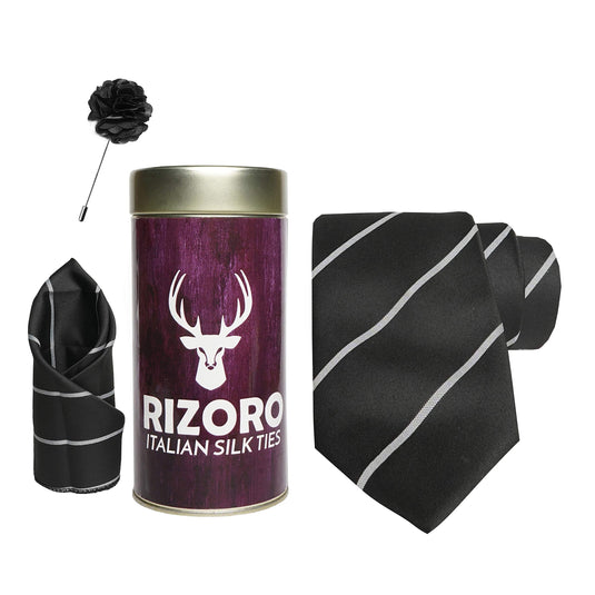 RIZORO Mens Plaid Stripped Silk Necktie Gift Set With Pocket Square & Brooch Pin Formal Tie Combo (S2RT, Free Size)