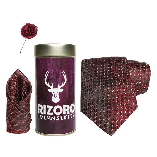 RIZORO Mens Plaid Dotted Silk Necktie Gift Set With Pocket Square & Brooch Pin Formal Tie Combo (4D4RT, Free Size)