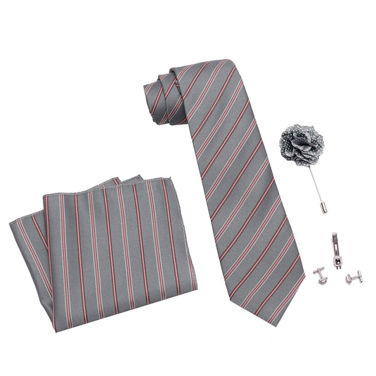 Axlon Men's Micro Polyester Necktie Set with Pocket Square, Brooch Pin and Cufflinks (Grey, Free Size)