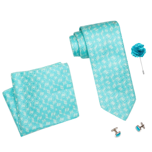 RIZORO Mens Plaid Pasiley Silk Necktie Tie Gift Set With Pocket Square, Cufflinks & Brooch Pin Formal Tie With Leatherite Box (AMBICRB, Free Size)