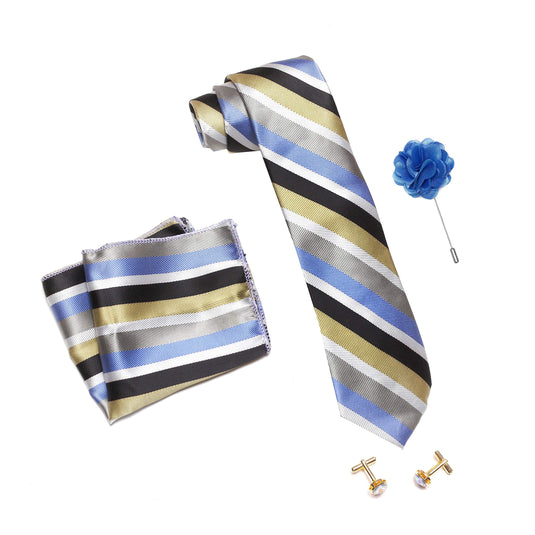 Axlon Men's Micro Polyester Stripped Necktie Set with Pocket Square, Brooch Pin and Cufflinks (Multicolour, Free Size)