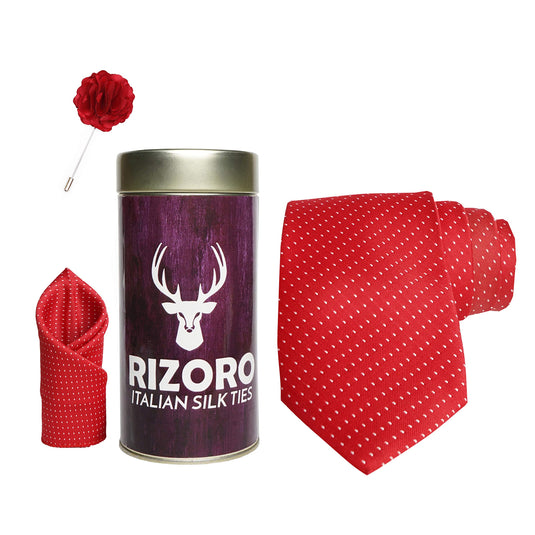 RIZORO Mens Plaid Dotted Silk Necktie Gift Set With Pocket Square & Brooch Pin Formal Tie Combo (D1RT, Free Size)