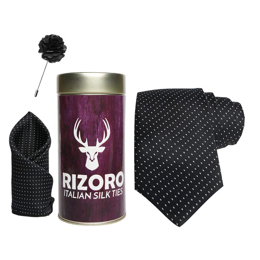 RIZORO Mens Plaid Dotted Silk Necktie Gift Set With Pocket Square & Brooch Pin Formal Tie Combo (D1RT, Free Size)