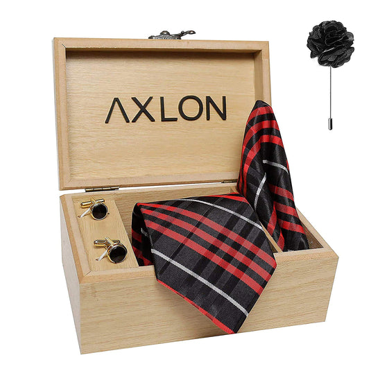 Axlon Men's Micro Polyester Stripped Necktie Set with Pocket Square, Brooch Pin and Cufflinks (Multicolour, Free Size)