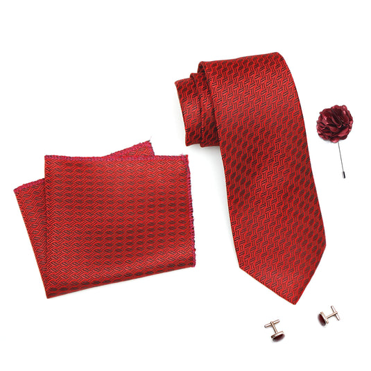 RIZORO Mens Plaid Dotted Silk Necktie Tie Gift Set With Pocket Square, Cufflinks & Brooch Pin Formal Tie With Leatherite Box (A12RB, Free Size)