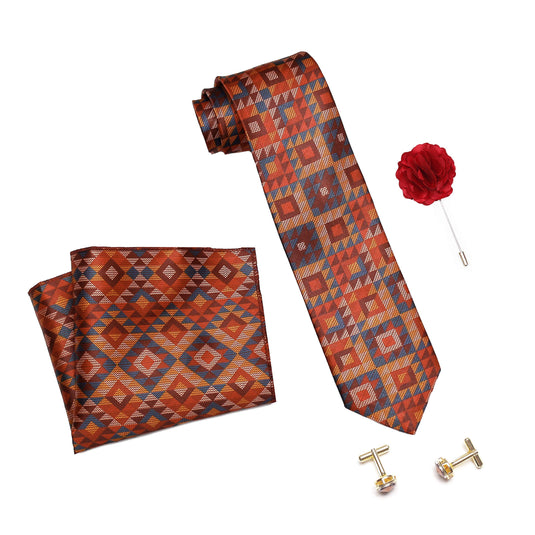 Axlon Men's Micro Polyester Printed Necktie Set with Pocket Square, Brooch Pin and Cufflinks (Multicolour, Free Size)