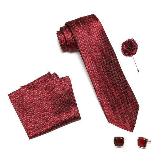 RIZORO Mens Plaid Dotted Silk Necktie Tie Gift Set With Pocket Square, Cufflinks & Brooch Pin Formal Tie With Leatherite Box (A13RB, Free Size)