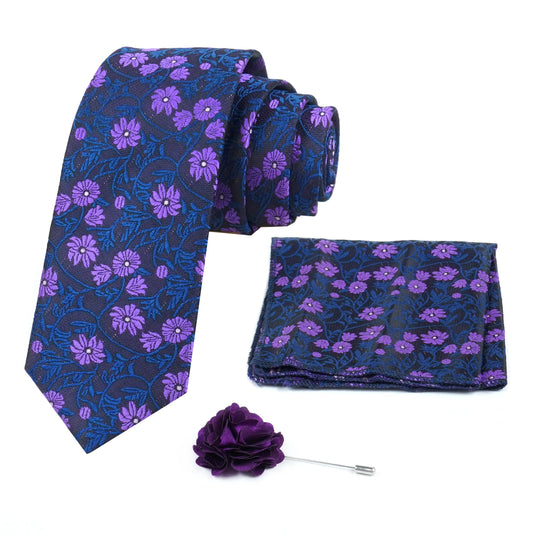 Axlon Mens Plaid Micro Self Silk Necktie Gift Set With Pocket Square & Brooch Pin Tie for Men Formal Tie Set with Box (Pack of 3) (Purple, 2022AX_36)