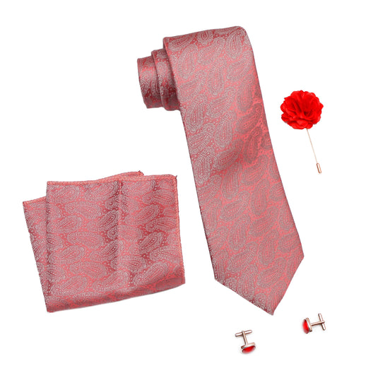 AXLON Formal/Casual Printed Polyester Necktie Set with Pocket Square, Brooch Pin and Cufflinks for Men (Free Size, Red)