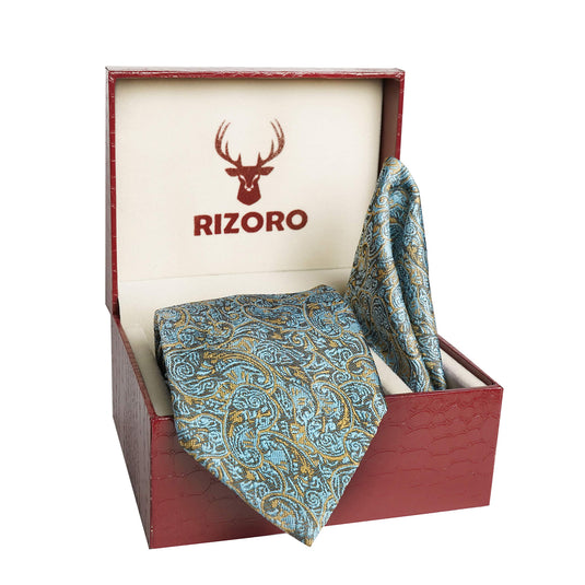 RIZORO Men Paisley Micro Fibre Necktie Gift Set With Pocket Square & Brooch Pin Formal Tie (Turquoise PARTRRS Free Size)