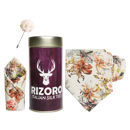 RIZORO Mens Plaid Boho Printed Silk Necktie Gift Set With Pocket Square & Brooch Pin Formal Tie Combo (Multi-Coloured 13, BOHOM13RT, Free Size)