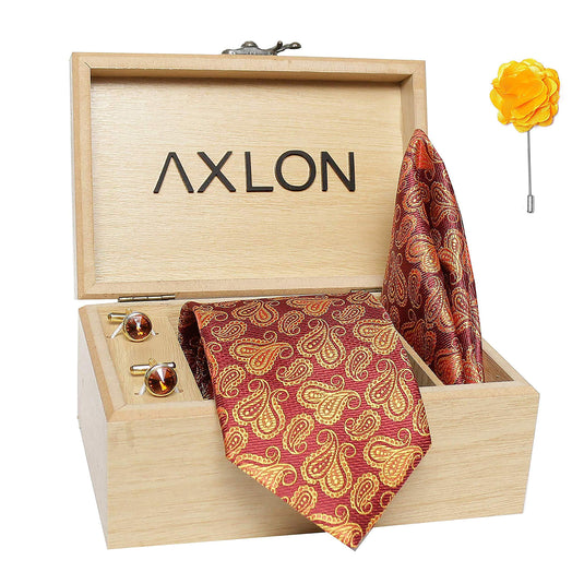 Axlon Men's Micro Polyester Printed Necktie Set with Pocket Square, Brooch Pin and Cufflinks (Red, Free Size)