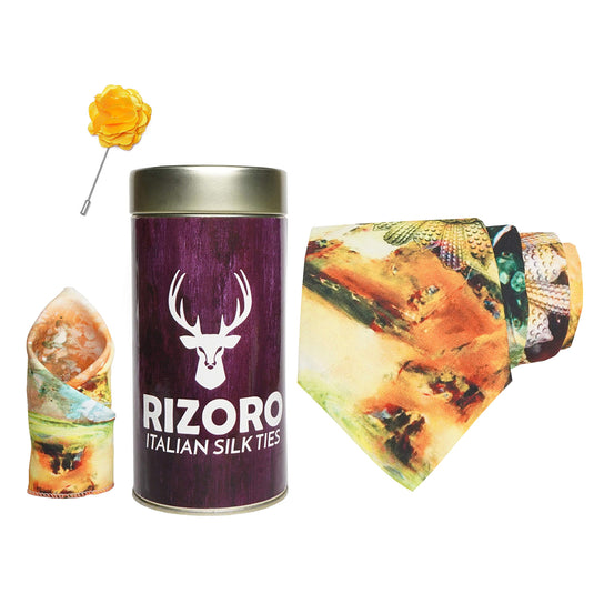 RIZORO Mens Plaid Boho Printed Silk Necktie Gift Set With Pocket Square & Brooch Pin Formal Tie Combo (Multi-Coloured 16, BOHOM16RT, Free Size)