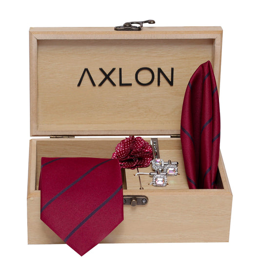 Axlon Men's Micro Polyester Necktie Set with Pocket Square, Brooch Pin and Cufflinks (Dark Pink, Free Size)