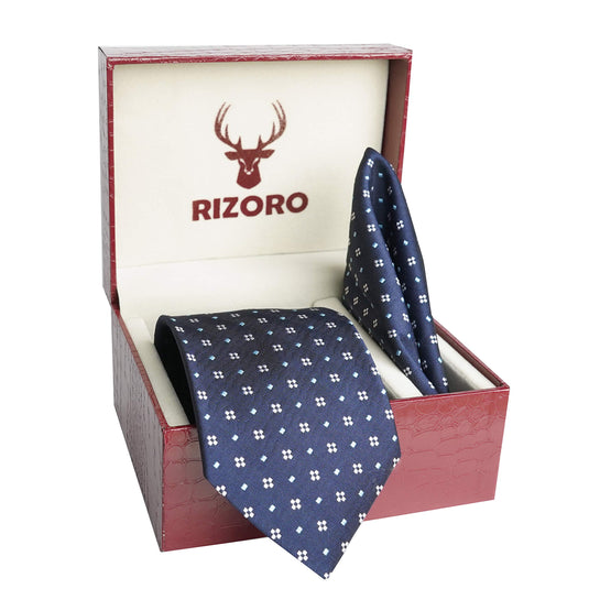 RIZORO Men Dotted Micro Fibre Necktie Gift Set With Pocket Square & Brooch Pin Formal Tie (Blue 4D4BLRS Free Size)