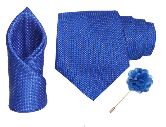 RIZORO Men Dotted Micro Fibre Necktie Gift Set With Pocket Square & Brooch Pin Formal Tie (Blue A13BLRS Free Size)