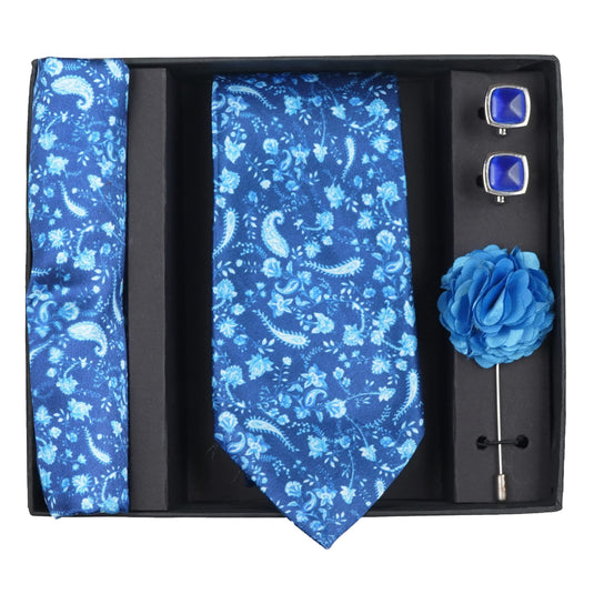 Axlon Mens Plaid Micro Self Silk Necktie Gift Set With Pocket Square Cufflinks & Brooch Pin Tie for Men Formal Tie Set with Box (Pack of 4) (Blue, 2022AX_18)