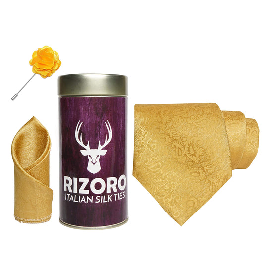 RIZORO Mens Plaid Pasiley Silk Necktie Gift Set With Pocket Square & Brooch Pin Formal Tie Combo (JCRT, Free Size)