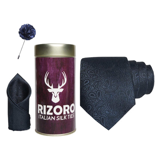 RIZORO Mens Plaid Pasiley Silk Necktie Gift Set With Pocket Square & Brooch Pin Formal Tie Combo (JCRT, Free Size)