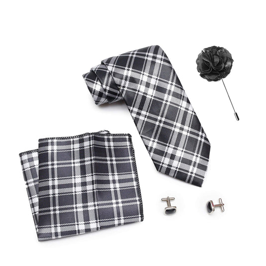 Axlon Men Formal/Casual Printed Satin Neck Tie Pocket Square Accessory Gift Set with Cufflinks and Brooch Pin - Black (Free Size, ltr_826)