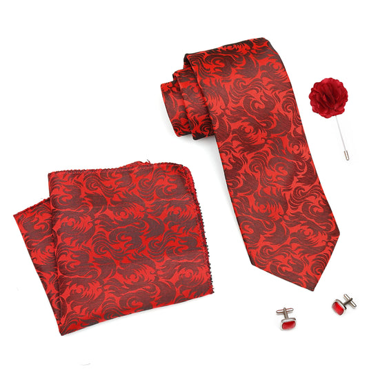 RIZORO Mens Plaid Paisley Silk Necktie Gift Set With Pocket Square Cufflinks & Brooch Pin Formal Tie With Leatherite Box (Maroon AMBI5MRRX Free Size)