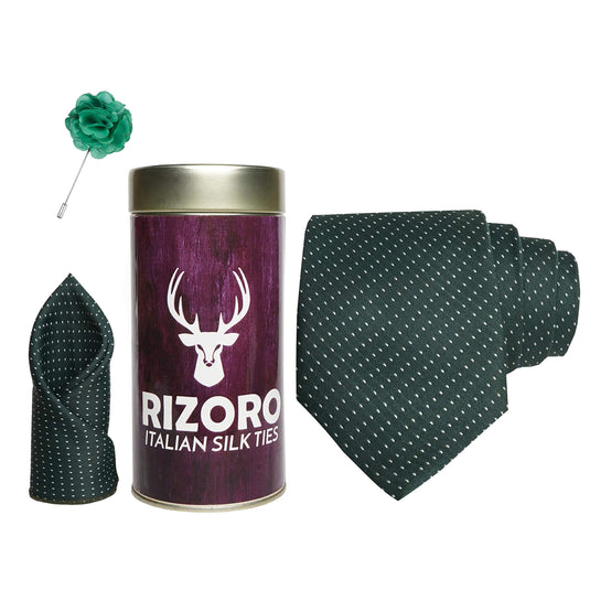 RIZORO Mens Plaid Dotted Silk Necktie Gift Set With Pocket Square & Brooch Pin Formal Tie Combo (D1RT, Free Size)