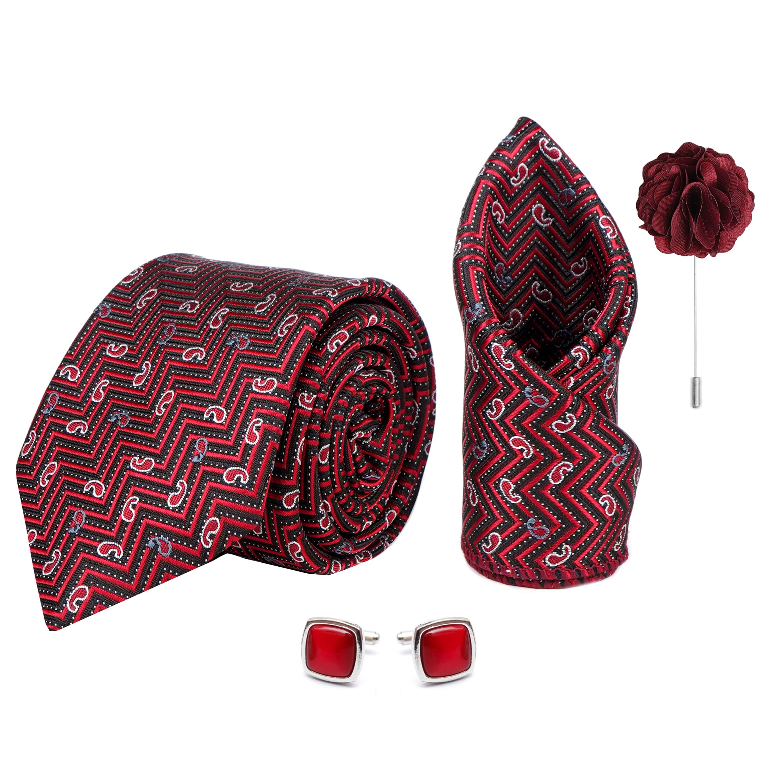 Axlon Men's Paisley Micro Wooven Silk Necktie Gift Set With Pocket Square Cufflinks & Brooch Pin Tie for Men Formal Tie Set with Box (Pack of 4) (AX11_8, Maroon)